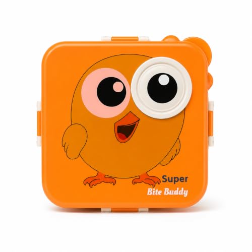 Image of Homy Super Bite Buddy Cartoon Kids Lunch Box with Compartments - Air Vent, Spoon, Sauce Container & Stainless Steel Tray - Purple Chick Design (1100ml+50ml)