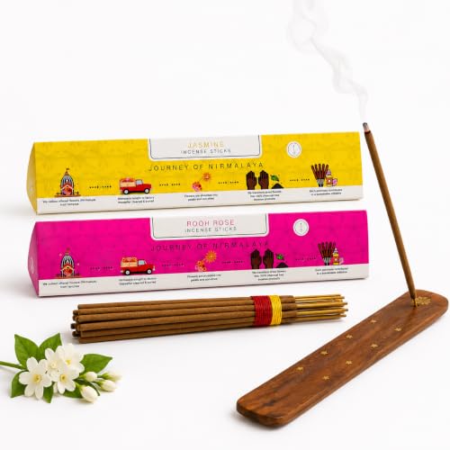 Image of Nirmalaya Rooh Rose & Jasmine Incense Sticks 80 Sticks | 100% Natural Charcoal-Free Agarbatti from Sacred Temple Flowers | Organic Handmade for Pooja, Meditation, Yoga & Aromatherapy