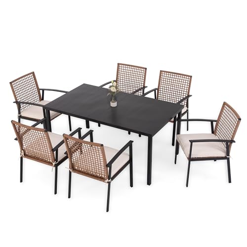 LAUSAINT 7-Piece Patio Dining Set: Outdoor Furniture with 6 Cushioned Chairs and Iron Slats Table with Umbrella Hole for Backyard, Garden, and Poolside