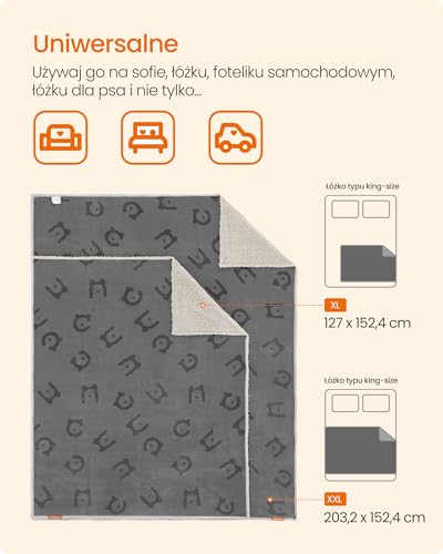 Wodoodporny koc dla psa Feandrea, koc z polaru Sherpa dla dużych i bardzo dużych psów i kotów, 203 x 152 cm, XXL, nadający się do prania w pralce, dwustronny pokrowiec na sofę, szary PPB080G01