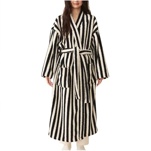 Womens Striped Robe Fleece Plush Soft Fluffy Fuzzy Cozy Winter Warm Lightweight Bathrobe, Shower Spa House Long Robe