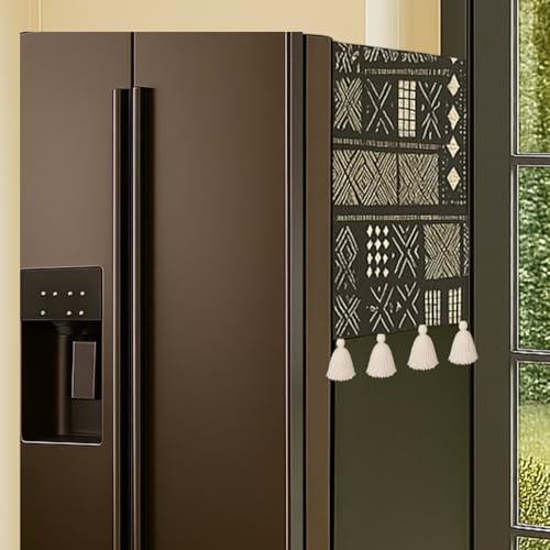 Image of Side by Side Fridge Cover >400L | 450 GSM Durable Fridge Top Cover Mat | Fits Godrej, LG, Haier, Samsung Models | Dustproof Side by Side Door Refrigerator Cover in Mud Cloth Print | WWW.THROWPILLOW.IN