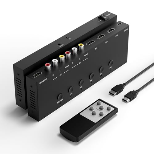 Conmutador RCA / HDMI de 5 pulgadas a 1 salida, convertidor HDMI 2.0 de 3 vías + 2 RCA a HDMI, compatible con 4:3/16:9 4K y 3D para PS1/2/3/4/5, N64, SNES, Switch, DVD, Roku, etc.
