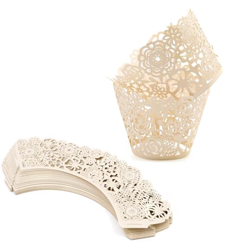 Antrader Lace Cupcake Wrappers,50Pcs Lace Cupcake Liners Laser Cut Cupcake Papers Cupcake Muffin Cups for Christmas Wedding Birthday Party Decoration