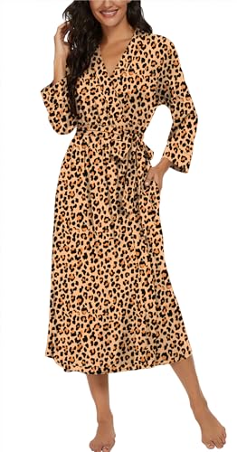 Image of VINTATRE Robes for Women Long Knit Bathrobe XS-4XL | 3 /4 Sleeve Bathrobes with Pockets, Stretchy and Lightweight Fabric, Inner Tie and Fixed Outer Matching Belt, Mid Calf Length