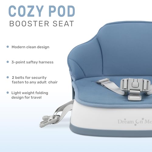 Image of Dream On Me Cozy Pod Baby Booster Seat for 6-36 Months, Portable Travel Booster Chair with 3-Point Safety Harness & 2 Fixing Belts, for Table & Dining, Lightweight Foldable & Easy to Carry - Blue