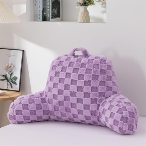 Image of Aimuan Reading Pillow Checkered Bed Rest Wedge Backrest Checkerboard Pillow with Arms Back Support for Sitting Up in Bed Cushion Incline Rest Sleeping Snoring Pillow, Purple Large