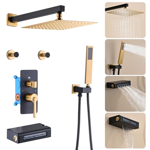 Juego de grifería para ducha negro con acabado oro titanio cepillado, sistema mural con 4 funciones, incluye cabezal de ducha, ducha de mano, grifo para bañera tipo cascada y ganchos para ducha miniatura 1