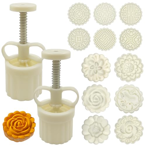 Molde de prensa de pastel de luna de 63 g y 75 g con sellos, FineGood molde de pastel de luna con prensa de flores, cortadores de galletas de mediados de otoño, accesorios para hornear pasteles de