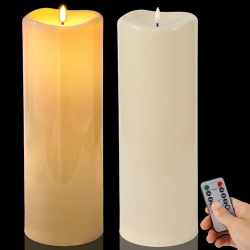 Image of Large Outdoor Flameless Candles, 5 inchx14 inch Battery Operated Electric Flickering Fake Candles with Remote, Waterproof Plastic Pillar Candles for Porch Lanterns Patio Decor (Ivory White, Set of 2)