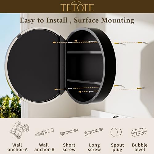 Image of TETOTE Bathroom Mirror Cabinet 30 x 30 Brushed Nickel Round Bathroom Medicine Cabinet with Mirror Adjustable Shelves Farmhouse Wall Mirror with Storage Surface Mounted