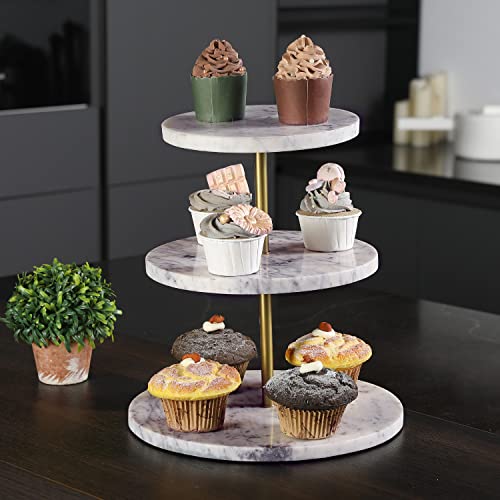 Mygift Modern Round Natural White Marble 3 Tier Cupcake Stand, Dessert Display Tower, Retail Riser Stand #TOP1