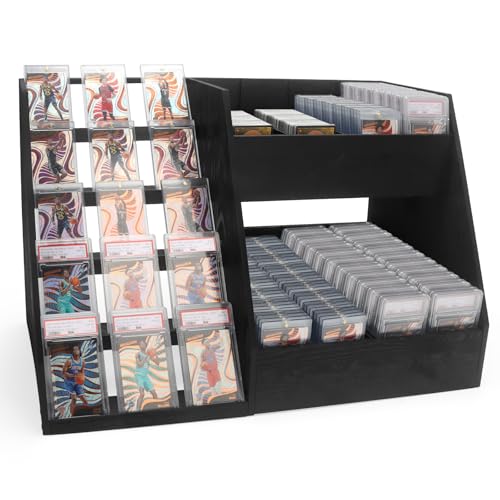 GIASSVIO Trading Card Display Case Stand, 5-Tier Card Stands for Sports Baseball Cards Graded Display Case, Collection and Show Display for Card Game, with 8 Card Holder + 8 Classification Card