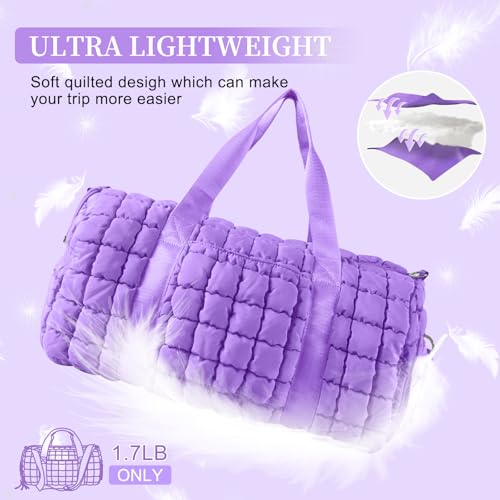 Image of Quilted Travel Duffle Bag Gym Bag for Women,Large Puffer Duffle Weekender Bag with Compartment,Workout Overnight Carry on Organizer Bag Duffle Bag for Airplane Travel(L-Purple)