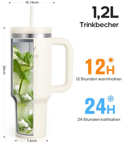 Image of Drinking Bottle with Straw, 1.2 L Thermal Mug with Handle, Leak-Proof