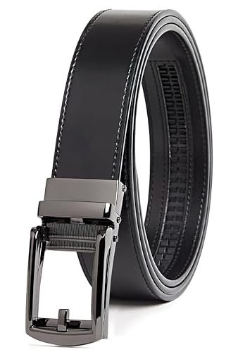 Genuine Leather Ratchet Belt for Men – Adjustable Track Belt with Black or Silver Buckle – Dress & Casual