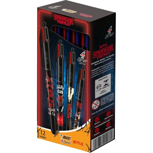 530007 - Caneta Escrita Média Retrátil, 4 Cores collab Stranger Things, BIC, 12 Unidades