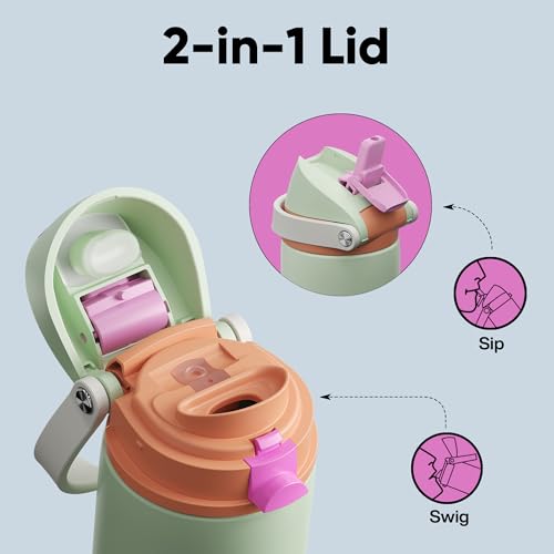 Image of Insulated Water Bottle with Straw - Encool Stainless Steel Water Bottle with Push Button Lid, Leak-Proof & BPA-Free, Keeps Cold for 24 Hours for Sports, Travel, Gym (18 oz, Geyser Green)