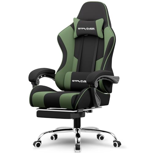 GTPLAYER Gaming Chair, Computer Chair with Footrest and Lumbar Support, Height Adjustable Game Chair with 360°-Swivel Seat and Headrest and for Office or Gaming (Green, Fabric)