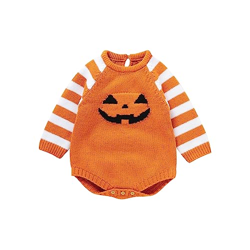 Dazzerake Halloween-Kleider Unisex Neugeborenen Jungen Kürbis Strampler Langarm Gestrickte Jumpsuit Hoodie Kleidung Pullover, Orange A, 6-9 Monate