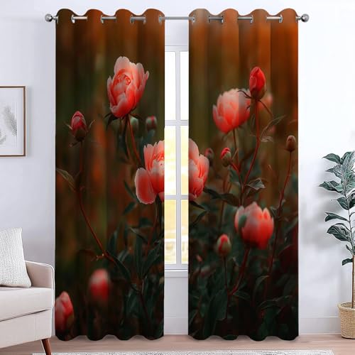 CozyRest Rideau à Esthétique Florale Pivoine et Romantique 100% Occultant Isolation Thermique avec Oeillets Lot de 2 91.5L x 214H cm Double Rideaux Coupure...