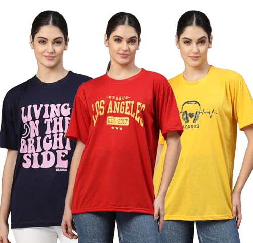 Image of UZARUS Women Printed Round Neck Oversized Combo T-Shirt | Loose Fit Drop Shoulder T-Shirt Pack of 3