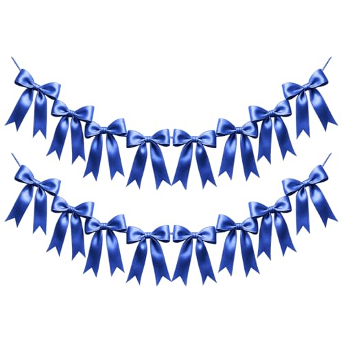Image of 2 Strings of 16PCS Navy Blue Bow Garlands Banner Decoration,Pre-Strung Satin Ribbon Ornaments for Birthday,Bachelorette Party,Bridal Shower,Wedding,Engagement,Baby Shower,Graduation Decor,Anniversary