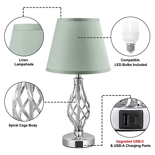 Kakanuo Green Touch Table Bedside Lamps Set Of 2, Nightstand Lamps With Usb C Ports, Usb Bedroom Lamps With Spiral Cage Base Design, 3 Way Dimmable Table Lamps For Bedroom, Living Room And Office #TOP3