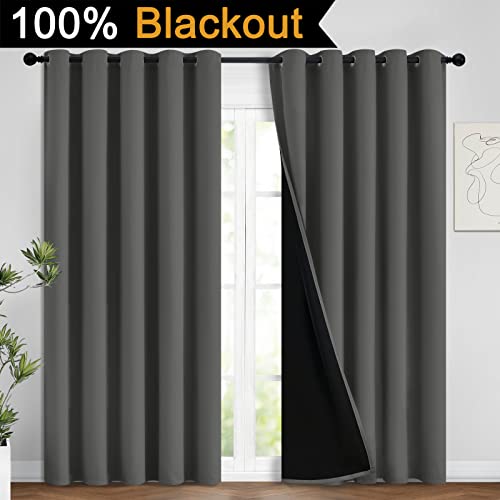 Image of Yakamok Dark Grey 100% Blackout Curtains 96 Inches Long 62 inch Wide 2 Panels | Blackout Curtain Panels for Bedroom, 2 Thick Layers Grommet Top Thermal Insulated Drapes with Black Liner for Living Room