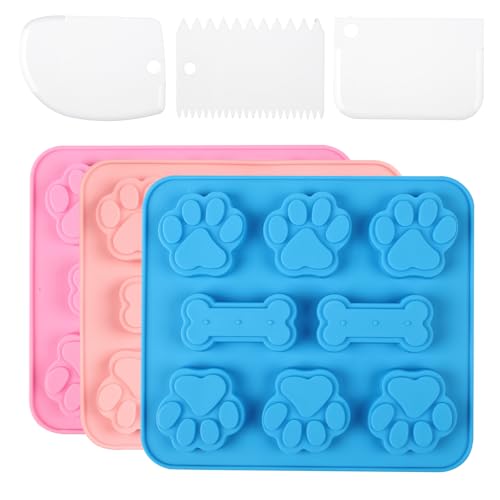 3 Stück Hundekekse Backform,Silikonformen Backen mit Hundepfoten und Knochen Muster,Non-Stick Food Grade,Backmatten mit Teigschaber, für Hundeleckerlies, SüßIgkeiten, Gelee, Kekse, Pudding(3 Farben)