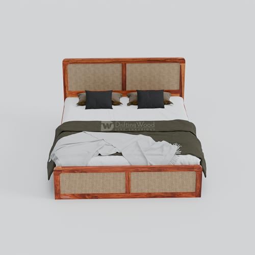 Image of DRIFTINGWOOD Camber Solid Sheesham Wood King Size Bed Without Storage | Rattan Cane Headboard & Footboard | Curved Edges | Honey Finish (Self Assembly Required)