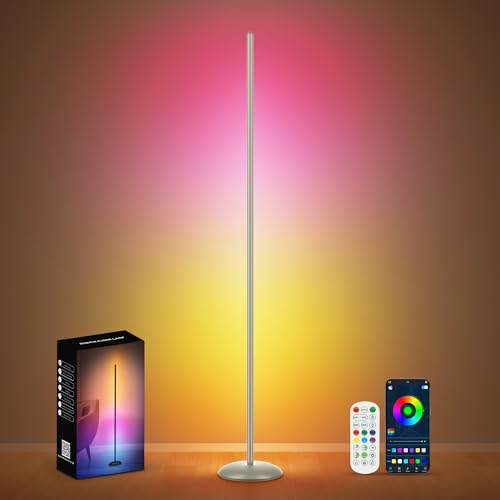 Image of LED Corner Lamp, Smart RGB Floor Lamp with Music Sync, APP & Remote | Floor Lamp Dimmable with 16 Million Color Changing, Music Sync, Standing Lamps for Bedroom, Living Room, Gaming Room - Silver