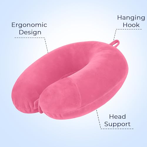 Image of U-SShaped Neck Pillow Soft Fiber Filled Travel Cushion with Snap Button, Comfortable Fabric, Neck Support for Flight, Bus, Car, Neck Pillow for Pain Relief (Pink)