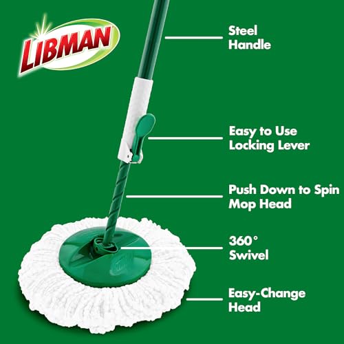 Libman Tornado Spin Mop System Plus 1 Cabezal de Recambio. El Sistema Total de trapeador Incluye Cabezal de Microfibra Resistente, Mango Resistente y 1 Cabezal de Repuesto Adicional, Seguro en Todas