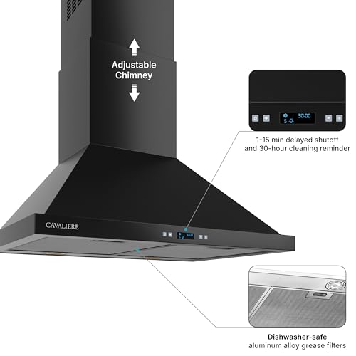 Image of CAVALIERE Value-Focused 462 CFM Wall Mount Range Hood 30 Inch, 3-Year Warranty, Enhanced Stainless Steel, Ducted /Ductless Range Hood Convertible (Kit Included) LED Lights, Baffle Filter, Touch Control