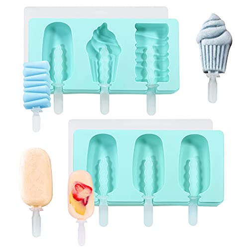 ALHX Eisformen ​Silikon, 2 Stück 3 Hohlräume Eisform Eis am Stiel BPA frei Wiederverwendbar DIY Hausgemachte Kreative Eisformen, Mit Deckel and Silikon Stock (Lake Blue) Cover