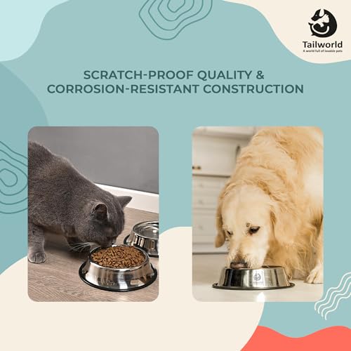Image of Feeding Bowl 720 ml | Stainless Steel | for Dogs & Cats | Durable & Lightweight Feel | Scratch and Rust-Free | Non-Slip Ring at The Base | Pack of 2 | 720ml Each