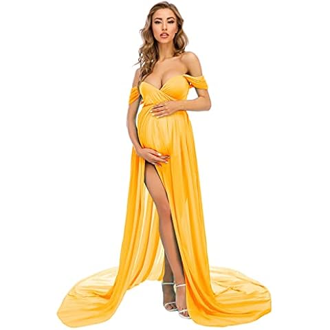 ZIUMUDY Maternity Dress for Photoshoot Photography Split Chiffon Maternity Gown Long Train Maternity Dresses, Mustard Yellow, X-Large Cover