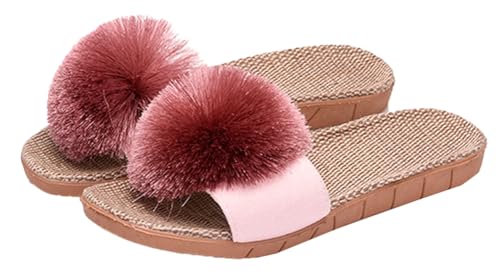 Women's Linen Non-slip Slides Slippers Fluffy Pompom Cozy Sandals Open Toe Indoor Outdoor Flat Slippers 2025