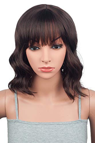 12” Bob Short Wavy Wigs With Bangs For Black Women Black Mix Brown Synthetic Curly Wigs Heat Resistant Costume Wig (Black mix Brown-1B/33)