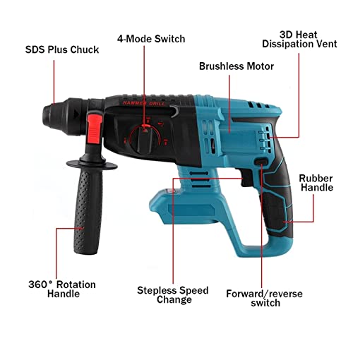 TEMSOOM Wirelesss Elektrischer Bohrhammer 4 Modi Professioneller Flachbohrer Hammerschaufel Kompatibel mit Makita 21V… – Bild 5
