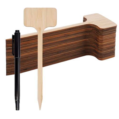 Varenzya 30 Piezas Etiquetas Plantas Bambu con Rotulador de Doble Punta, 18 × 6 cm Etiquetas de Plantas en Forma de T, Carteles Huerto Exterior Pequeños para Semillas Hierbas Vegetales Flores