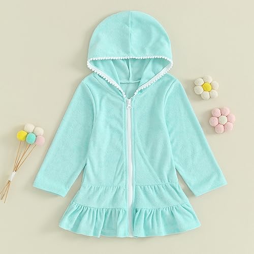 Image of Girls Terry Cloth Swim Cover Up Zip Up Hooded Bathing Suit Coverup Wraps Rufled Kids Pool Beach Robe Cover-Up Dress