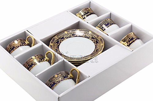 Euro Porcelain 12-Pc. Tea Cup Coffee Set, Vintage Cobalt Blue Ornament, 24K Gold-Plated Accents, Premium Bone China 6 Cups (8 Oz) And Saucers, Original Czech Tableware #TOP3