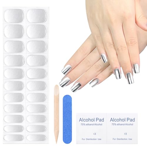 HOSAILY Gel Nail Strips Set, Mirror Chrome Silver Wraps, UV Free Gloss, Easy to Apply & Remove - Includes 22 Wraps, 2 Prep Pads, 1 Nail File & 1 Wooden Stick