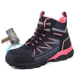 Damens Sicherheitsschuhe Arbeitsschuhe mit Stahlkappe Wasserdicht Rutschfeste Durchtrittsicher Atmungsaktive High-Top Sicherheitsstiefel für Industrie Handwerk Schwarz Rosa 38