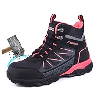 Delobi Damens Sicherheitsschuhe Arbeitsschuhe mit Stahlkappe Wasserdicht Rutschfeste Durchtrittsicher Atmungsaktive High-Top Sicherheitsstiefel für Industrie Handwerk Schwarz Rosa 39