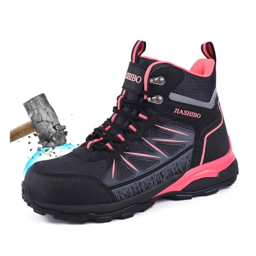 Delobi Damens Sicherheitsschuhe Arbeitsschuhe mit Stahlkappe Wasserdicht Rutschfeste Durchtrittsicher Atmungsaktive High-Top Sicherheitsstiefel für Industrie Handwerk Schwarz Rosa 39