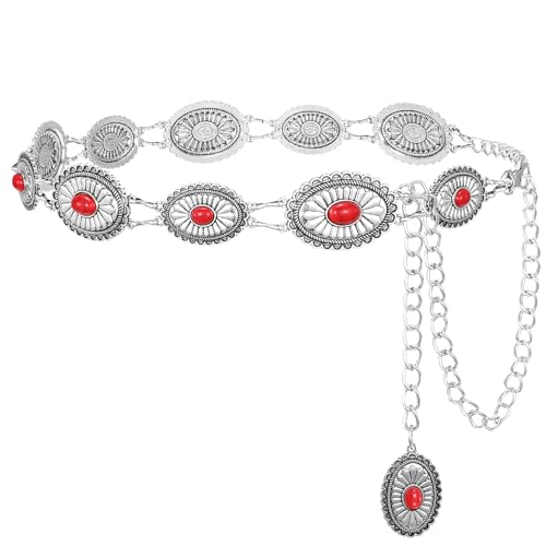 SANSTHS Western Metal Concho Belt for Women, Waist Chain Cowgirl Belt for Dresses Jeans Pants with Silver Chain, red gem L
