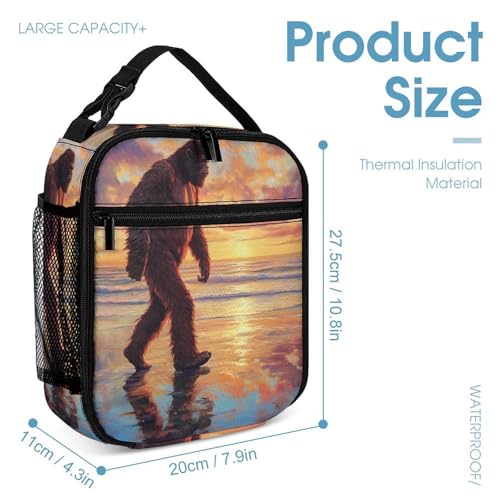 Bigfoot Walking in Beach Sunset Funny Backpack Sets Lightweight 3Pcs Daypack Set with Lunch Box And Pencil Case for Women Men4